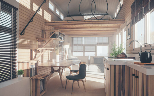 Rustikales kleines Haus Innenarchitektur mit Küche, Wohnzimmer und Schlafzimmer im Zwischengeschoss in warmen Sonnenuntergang Licht.